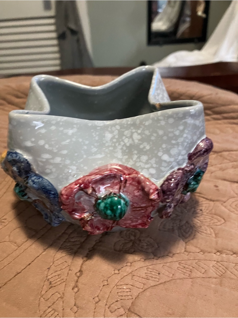 Vintage Majolica Pottery Bowl Featuring Applied Floral Details